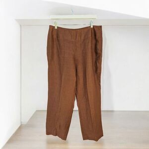 100% Irish Linen Brown Cropped Pants Flat Front Size 14 Lagenlook Minimalistic